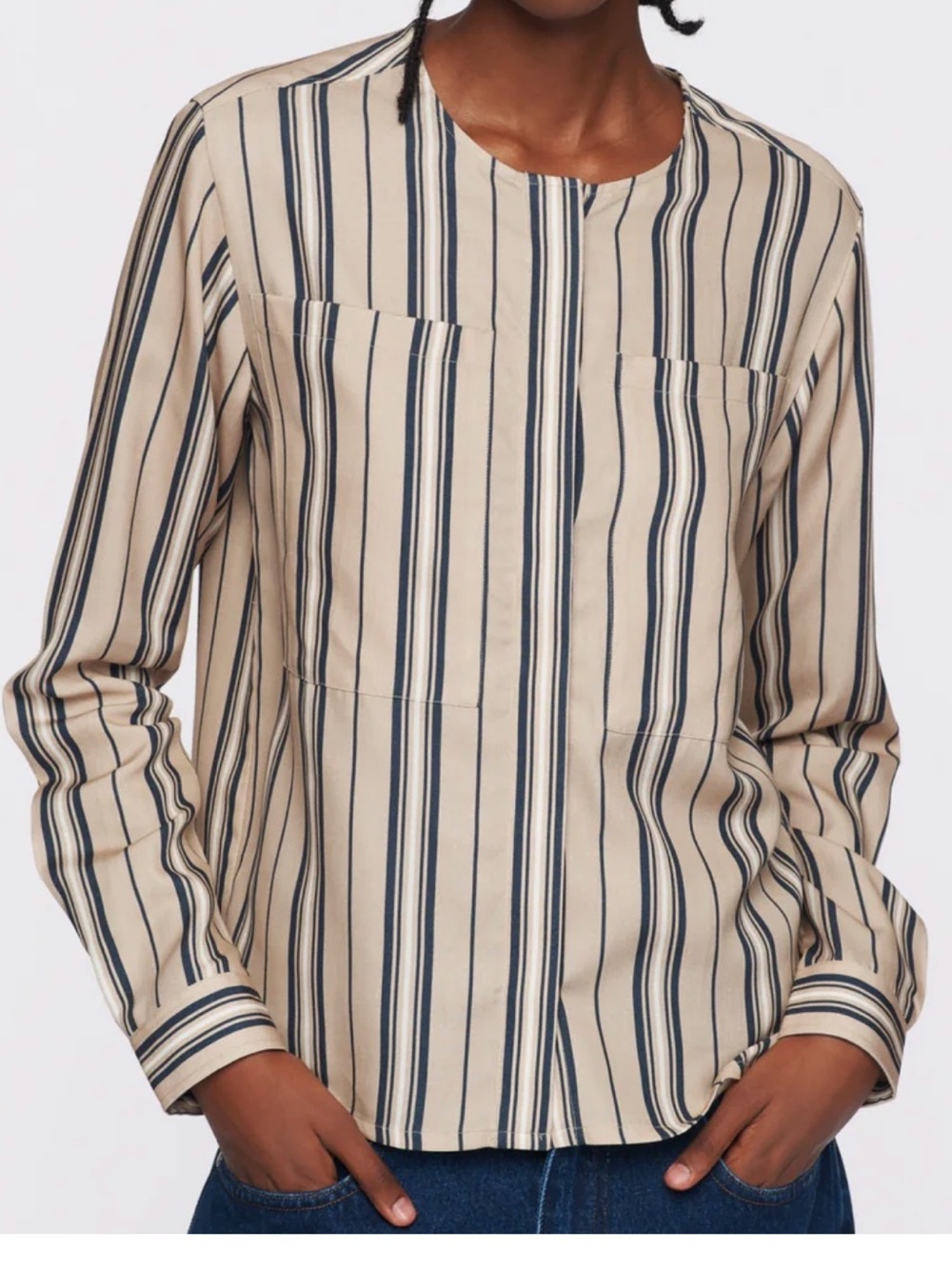 New KOTN womens tan striped cteam Navy Long-Sleeve blouse top Shirt S Small